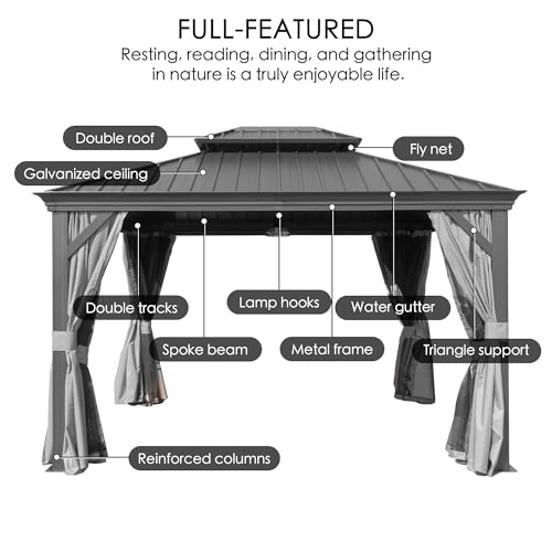 Kozyard Alexander 12' X 18' Hardtop Permanent Aluminum Metal Gazebo with Galvanized Steel Double Roof Canopy, Curtain and Netting Pavilion for Patio, Backyard, Deck, Lawn (Gray)