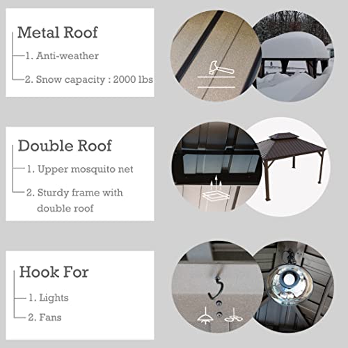 Kozyard Alexander 10' X 12' Hardtop, Aluminum Metal Gazebo with Galvanized Steel Double Roof Canopy, Curtain and Netting, Permanent Pavilion for Patio, Backyard, Deck, Lawn (Brown)