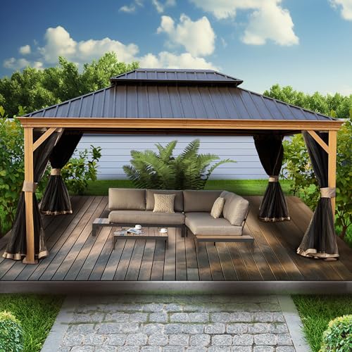 Kozyard Apollo 12’x16’ Hardtop Gazebo, Wooden Coated Aluminum Frame Canopy with Galvanized Steel Double Roof, Outdoor Permanent Metal Pavilion with Netting for Patio, Deck and Lawn (12ft x 16ft)