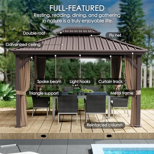 Kozyard Caesar 12'x16' Hardtop Gazebo - Permanent Metal Pavilion with Netting and Shaded Curtains for Patio, Backyard, and Deck - Galvanized Steel Outdoor Aluminum Canopy, Double Roof Gazebo (Brown)