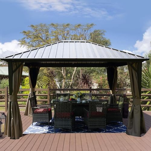 Kozyard10'x12' Hardtop Gazebo Permanent Metal Pavilion with Netting and Shaded Curtains for Patio, Backyard, and Deck - Galvanized Steel Outdoor Aluminum Canopy, Double Roof Gazebo (Brown)