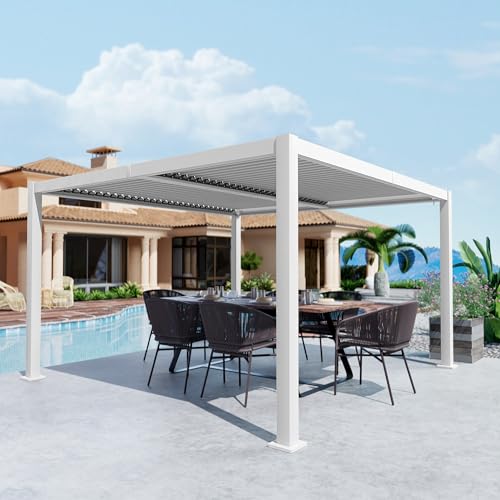 Kozyard Outdoor Louvered Pergola Sun Shade Aluminum Pergola Rainproof Gazebo with Adjustable Roof for Outdoor Deck Patio Garden Yard (White, 10' x 12')