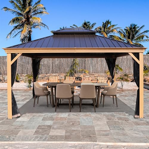 Kozyard Apollo 12’x14’ Hardtop Gazebo, Wooden Coated Aluminum Frame Canopy with Galvanized Steel Double Roof, Outdoor Permanent Metal Pavilion with Netting for Patio, Deck and Lawn (12ft x 14ft)