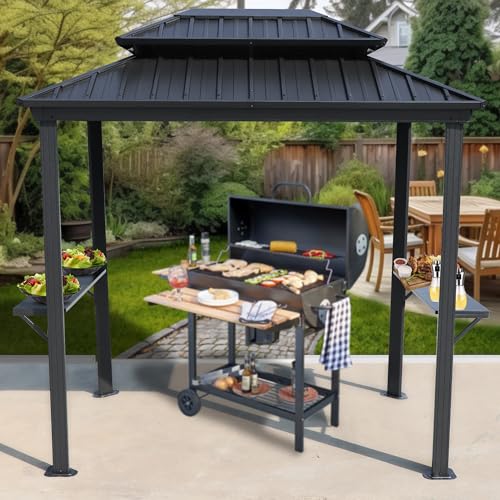 Kozyard 6' x 8' BBQ Hardtop Grill Gazebo, Outdoor Barbecue Shelter with Double Galvanized Metal Roof, Aluminum BBQ Gazebo with 2 Side Shelves for Outdoor Grilling Station (Gray/Hardtop)