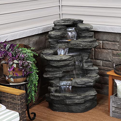 Sunnydaze Stacked Shale Rock 38-Inch Waterfall Fountain with LED Lights - Electric Submersible Pump
