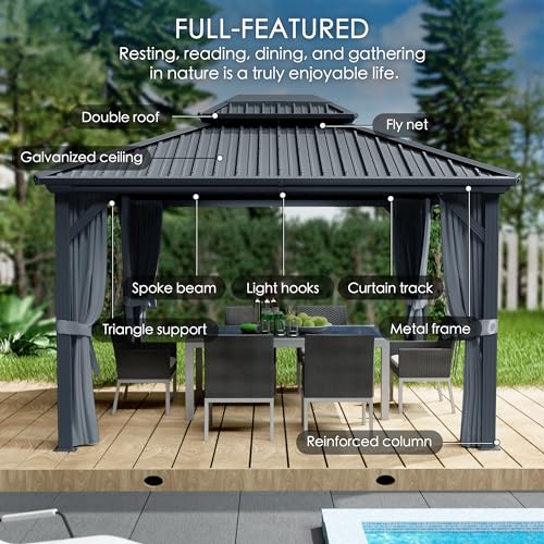 Kozyard Caesar 12'x16' Hardtop Gazebo - Permanent Metal Pavilion with Netting and Shaded Curtains for Patio, Backyard, and Deck - Galvanized Steel Outdoor Aluminum Canopy, Double Roof Gazebo (Grey)