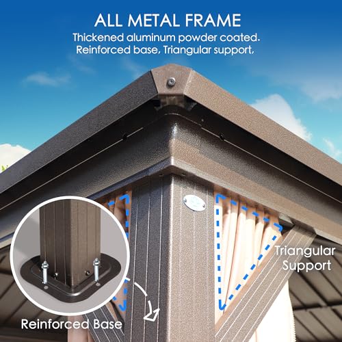 Kozyard Caesar 10'x10' Hardtop Gazebo - Permanent Metal Pavilion with Netting and Shaded Curtains for Patio, Backyard, and Deck - Galvanized Steel Outdoor Aluminum Canopy, Double Roof Gazebo (Brown)
