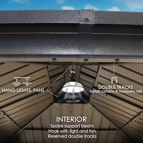 Kozyard Caesar 12'x16' Hardtop Gazebo - Permanent Metal Pavilion with Netting and Shaded Curtains for Patio, Backyard, and Deck - Galvanized Steel Outdoor Aluminum Canopy, Double Roof Gazebo (Brown)