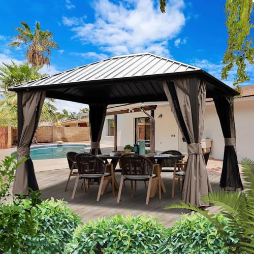 Kozyard10'x12' Hardtop Gazebo Permanent Metal Pavilion with Netting and Shaded Curtains for Patio, Backyard, and Deck - Galvanized Steel Outdoor Aluminum Canopy, Double Roof Gazebo (Brown)