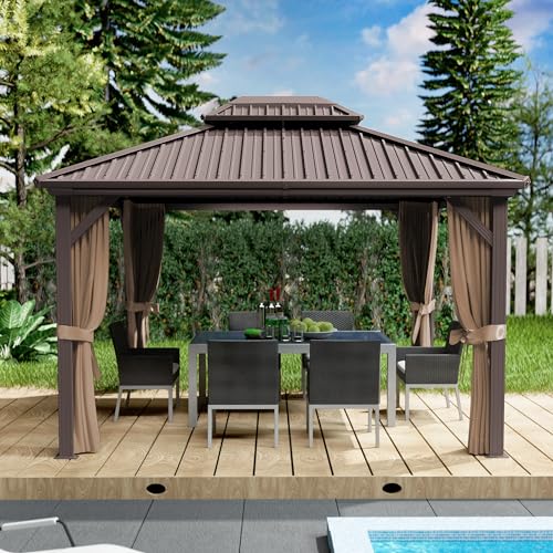 Kozyard Caesar 10'x12' Hardtop Gazebo - Permanent Metal Pavilion with Netting and Shaded Curtains for Patio, Backyard, and Deck - Galvanized Steel Outdoor Aluminum Canopy, Double Roof Gazebo (Brown)