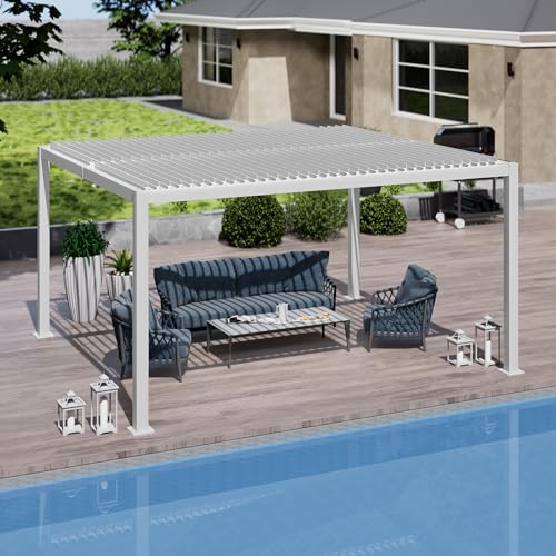 Kozyard Outdoor Louvered Pergola Sun Shade Aluminum Pergola Rainproof Gazebo with Adjustable Roof for Outdoor Deck Patio Garden Yard (White, 12' x 14')