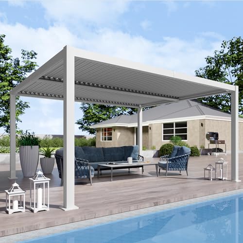 Kozyard Outdoor Louvered Pergola Sun Shade Aluminum Pergola Rainproof Gazebo with Adjustable Roof for Outdoor Deck Patio Garden Yard (White, 12' x 14')