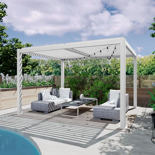 Kozyard Outdoor Louvered Pergola Sun Shade Aluminum Pergola Rainproof Gazebo with Adjustable Roof for Outdoor Deck Patio Garden Yard (White, 10' x 12')