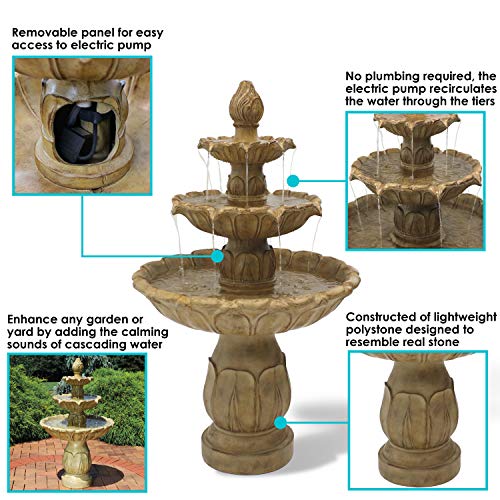 Sunnydaze Classic Tulip 3-Tier Electric Water Fountain - 46-Inch - with Electric Submersible Pump for Patio, Yard or Deck - Garden Stone