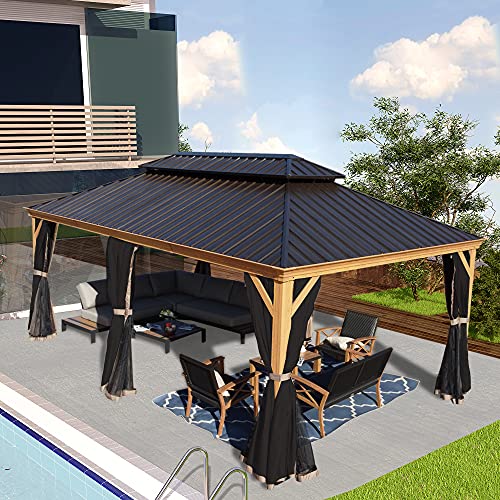 Kozyard Apollo 12’x20’ Hardtop Gazebo, Wooden Coated Aluminum Frame Canopy with Galvanized Steel Double Roof, Outdoor Permanent Metal Pavilion with Netting for Patio, Deck and Lawn (12ft x 20ft)