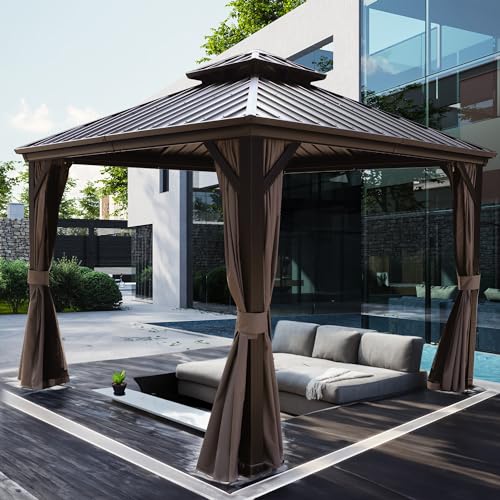 Kozyard Caesar 10'x10' Hardtop Gazebo - Permanent Metal Pavilion with Netting and Shaded Curtains for Patio, Backyard Deck - Galvanized Steel Outdoor Aluminum Canopy, Double Roof Gazebo (Brown)