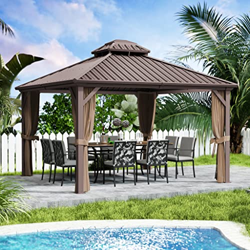 Kozyard Caesar 12'x12' Hardtop Gazebo - Permanent Metal Pavilion with Netting and Shaded Curtains for Patio, Backyard, and Deck - Galvanized Steel Outdoor Aluminum Canopy, Double Roof Gazebo (Brown)