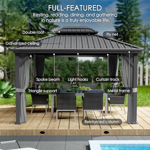 Kozyard Caesar 10'x12' Hardtop Gazebo - Permanent Metal Pavilion with Netting and Shaded Curtains for Patio, Backyard, and Deck - Galvanized Steel Outdoor Aluminum Canopy, Double Roof Gazebo (Grey)
