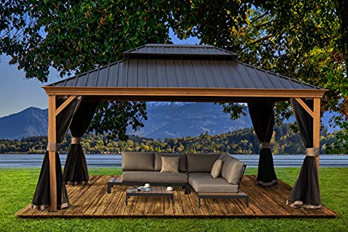 Kozyard Apollo 12’x16’ Hardtop Gazebo, Wooden Coated Aluminum Frame Canopy with Galvanized Steel Double Roof, Outdoor Permanent Metal Pavilion with Netting for Patio, Deck and Lawn (12ft x 16ft)
