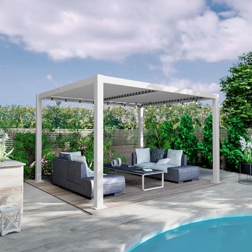 Kozyard Outdoor Louvered Pergola Sun Shade Aluminum Pergola Rainproof Gazebo with Adjustable Roof for Outdoor Deck Patio Garden Yard (White, 10' x 12')