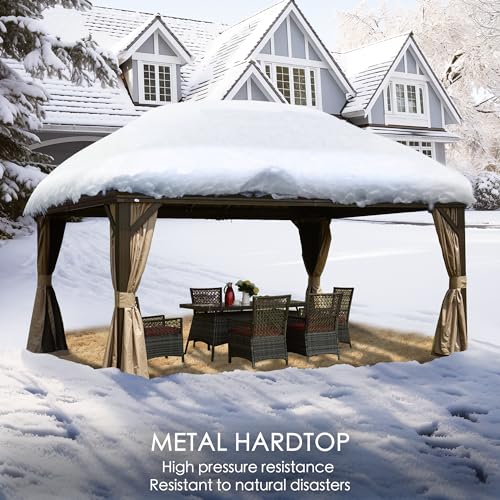 Kozyard Alexander 12‘ X 16’ Hardtop Aluminum Permanent Gazebo with a Mosquito Net and Privacy Sidewalls, Permanent Gazebo Pavilion for Patio, Backyard (Alexander 12'x16' (Brown))