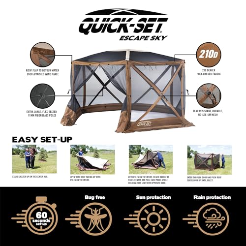 CLAM Quick-Set Escape Sky Camper 11.5’ x 11.5’ Pop-Up Outdoor Gazebo Instant Screen Tent 6-Sided Canopy Shelter w/Ground Stakes & Carry Bag, Brown