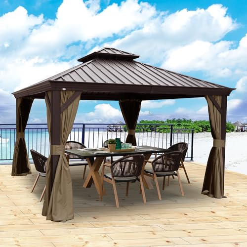 Kozyard Alexander 12' X 12' Hardtop Gazebo, Aluminum Metal Gazebo with Galvanized Steel Double Roof Canopy, Curtain and Netting, Permanent Gazebo Pavilion for Patio, Backyard, Deck, Lawn (Brown)