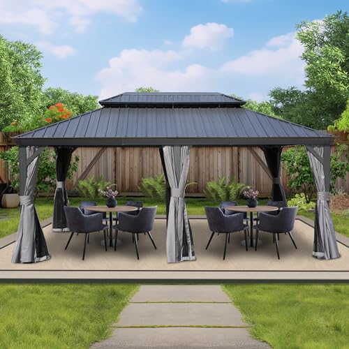 Kozyard Alexander 12' X 18' Hardtop Permanent Aluminum Metal Gazebo with Galvanized Steel Double Roof Canopy, Curtain and Netting Pavilion for Patio, Backyard, Deck, Lawn (Gray)