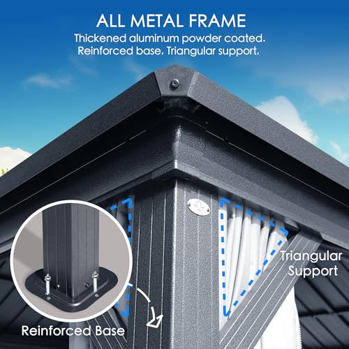 Kozyard Caesar 12'x16' Hardtop Gazebo - Permanent Metal Pavilion with Netting and Shaded Curtains for Patio, Backyard, and Deck - Galvanized Steel Outdoor Aluminum Canopy, Double Roof Gazebo (Grey)