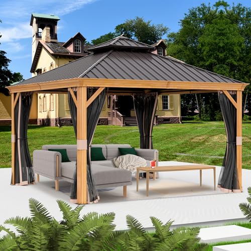 Kozyard Apollo 12’x12’ Hardtop Gazebo, Wooden Coated Aluminum Frame Canopy with Galvanized Steel Double Roof, Outdoor Permanent Metal Pavilion with Netting for Patio, Deck and Lawn (12ft x 12ft)