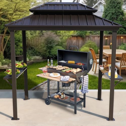 Kozyard 6’ x 8’ BBQ Hardtop Grill Gazebo, Outdoor Barbecue Gazebo with Double Galvanized Metal Roof, Aluminum BBQ Gazebo with 2 Side Shelves for Outdoor Grilling Station (Brown/Hardtop)