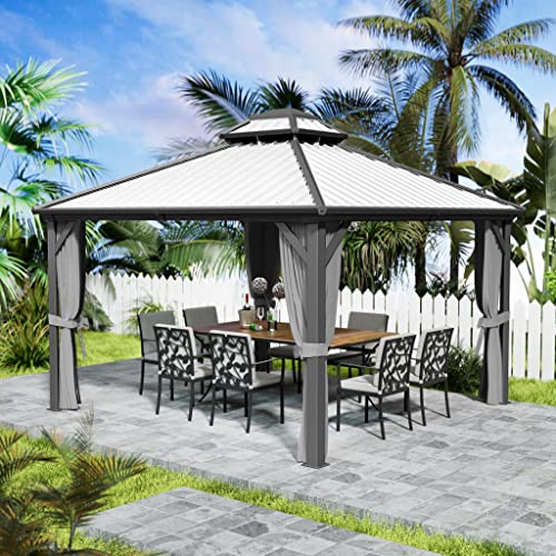 Kozyard Caesar 12'x12' Hardtop Gazebo - Permanent Metal Pavilion with Netting and Shaded Curtains for Patio, Backyard, and Deck - Galvanized Steel Outdoor Aluminum Canopy, Double Roof Gazebo (Grey)
