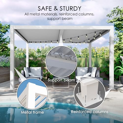 Kozyard Outdoor Louvered Pergola Sun Shade Aluminum Pergola Rainproof Gazebo with Adjustable Roof for Outdoor Deck Patio Garden Yard (White, 12ft x 16ft)