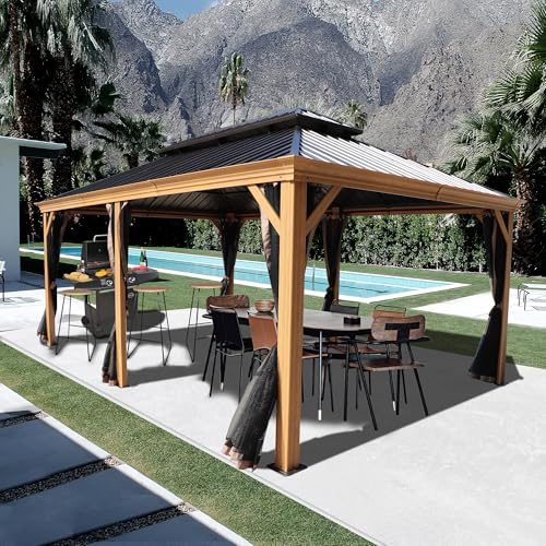 Kozyard Apollo 12’x18’ Hardtop Gazebo, Wooden Coated Aluminum Frame Canopy with Galvanized Steel Double Roof, Outdoor Permanent Metal Pavilion with Netting for Patio, Deck and Lawn (12ft x18ft)