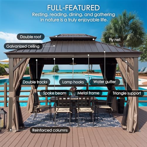 Kozyard Alexander Hardtop Aluminum Permanent Gazebo with a Mosquito Net and Privacy Sidewalls (Alexander 12'x14' (Brown)
