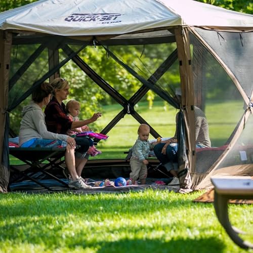 CLAM Quick-Set Escape Sky Camper 11.5’ x 11.5’ Pop-Up Outdoor Gazebo Instant Screen Tent 6-Sided Canopy Shelter w/Ground Stakes & Carry Bag, Brown