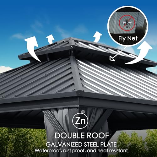 Kozyard Caesar 12'x16' Hardtop Gazebo - Permanent Metal Pavilion with Netting and Shaded Curtains for Patio, Backyard, and Deck - Galvanized Steel Outdoor Aluminum Canopy, Double Roof Gazebo (Grey)