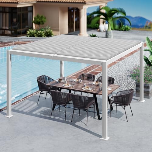 Kozyard Outdoor Louvered Pergola Sun Shade Aluminum Pergola Rainproof Gazebo with Adjustable Roof for Outdoor Deck Patio Garden Yard (White, 12' x 12')