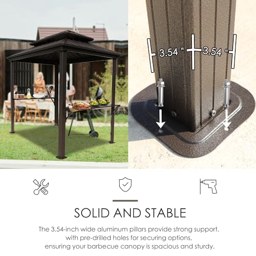 Kozyard 6’ x 8’ BBQ Hardtop Grill Gazebo, Outdoor Barbecue Gazebo with Double Galvanized Metal Roof, Aluminum BBQ Gazebo with 2 Side Shelves for Outdoor Grilling Station (Brown/Hardtop)