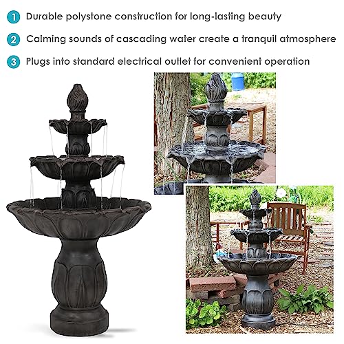 Sunnydaze Classic Tulip 3-Tier Electric Water Fountain - 46-Inch - with Electric Submersible Pump for Patio, Yard or Deck - Dark Brown