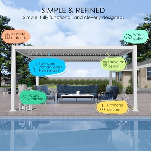 Kozyard Outdoor Louvered Pergola Sun Shade Aluminum Pergola Rainproof Gazebo with Adjustable Roof for Outdoor Deck Patio Garden Yard (White, 12ft x 16ft)