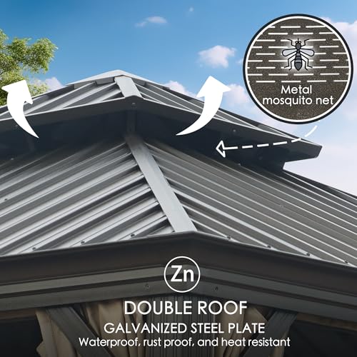 Kozyard Alexander 12' X 18' Hardtop Permanent Aluminum Metal Gazebo with Galvanized Steel Double Roof Canopy, Curtain and Netting Pavilion for Patio, Backyard, Deck, Lawn (Gray)