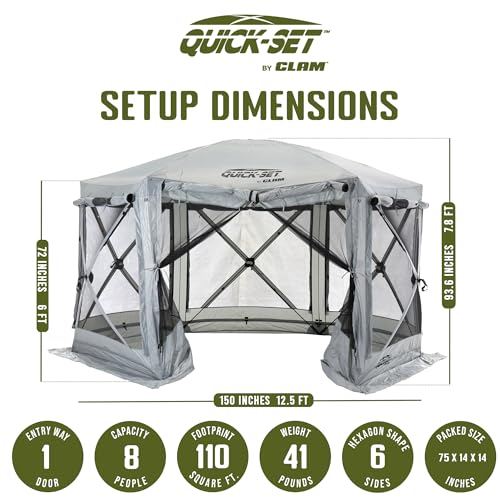 CLAM Pop Up Screen Tent, Outdoor Camping Gazebo Canopy, Pavilion, 12.5', Gray - Heavy-Duty Portable Screened Shelter with Netting for Beach, Patio, and Backyard