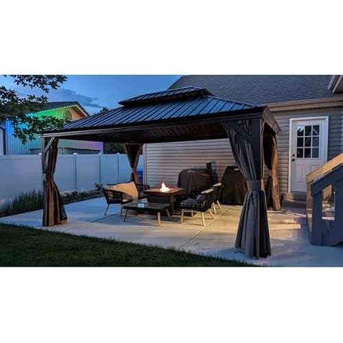 Kozyard Alexander 12‘ X 16’ Hardtop Aluminum Permanent Gazebo with a Mosquito Net and Privacy Sidewalls, Permanent Gazebo Pavilion for Patio, Backyard (Alexander 12'x16' (Brown))