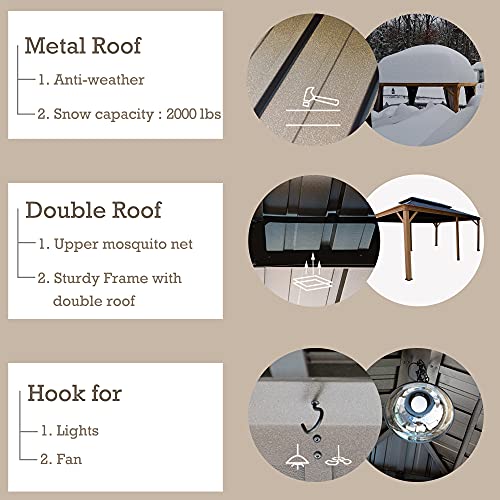 Kozyard Apollo 12’x20’ Hardtop Gazebo, Wooden Coated Aluminum Frame Canopy with Galvanized Steel Double Roof, Outdoor Permanent Metal Pavilion with Netting for Patio, Deck and Lawn (12ft x 20ft)