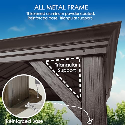 Kozyard Alexander 12' X 18' Hardtop Permanent Aluminum Metal Gazebo with Galvanized Steel Double Roof Canopy, Curtain and Netting, Gazebo Pavilion for Patio, Backyard, Deck, Lawn (Brown)