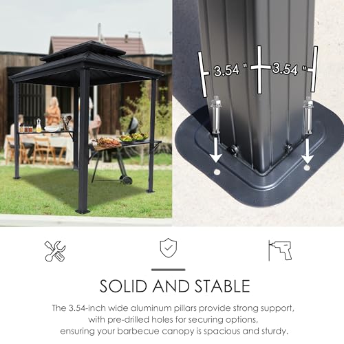 Kozyard 6' x 8' BBQ Hardtop Grill Gazebo, Outdoor Barbecue Shelter with Double Galvanized Metal Roof, Aluminum BBQ Gazebo with 2 Side Shelves for Outdoor Grilling Station (Gray/Hardtop)