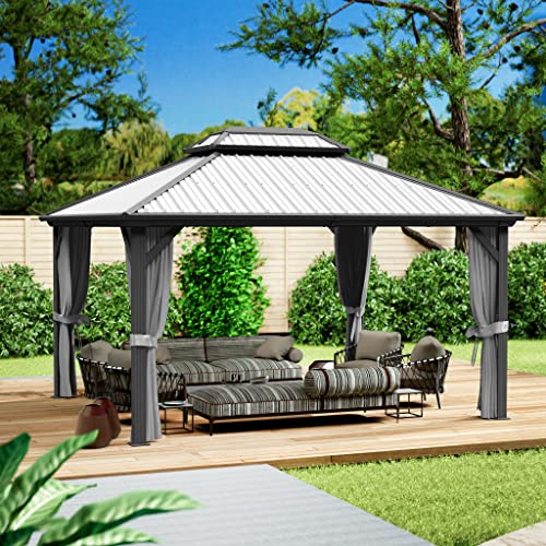 Kozyard Caesar 12'x14' Hardtop Gazebo - Permanent Metal Pavilion with Netting and Shaded Curtains for Patio, Backyard, and Deck - Galvanized Steel Outdoor Aluminum Canopy, Double Roof Gazebo (Grey)