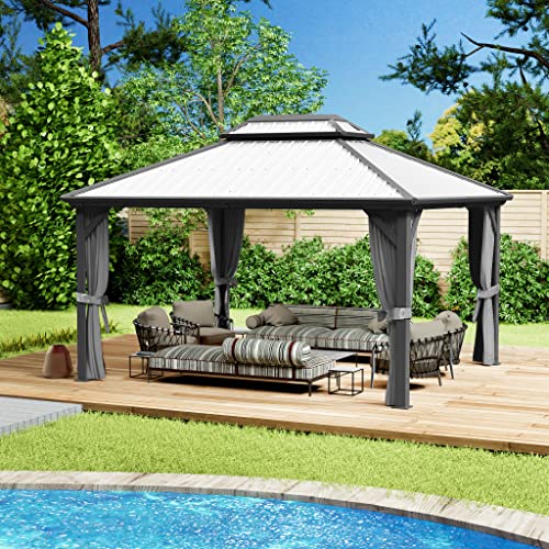 Kozyard Caesar 12'x14' Hardtop Gazebo - Permanent Metal Pavilion with Netting and Shaded Curtains for Patio, Backyard, and Deck - Galvanized Steel Outdoor Aluminum Canopy, Double Roof Gazebo (Grey)