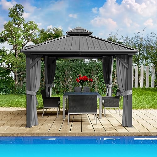 Kozyard Caesar 10'x10' Hardtop Gazebo - Permanent Metal Pavilion with Netting and Shaded Curtains for Patio, Backyard, and Deck - Galvanized Steel Outdoor Aluminum Canopy, Double Roof Gazebo (Grey)
